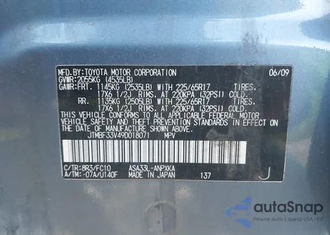 2009 Toyota Rav4 из США, поврежденный, VIN JTMBF33V49D018071